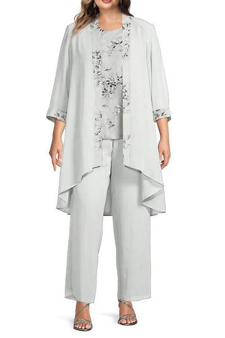 Plus Size Long Chiffon Pantsuits for the Mother of the Bride with Round Neck and Jacket