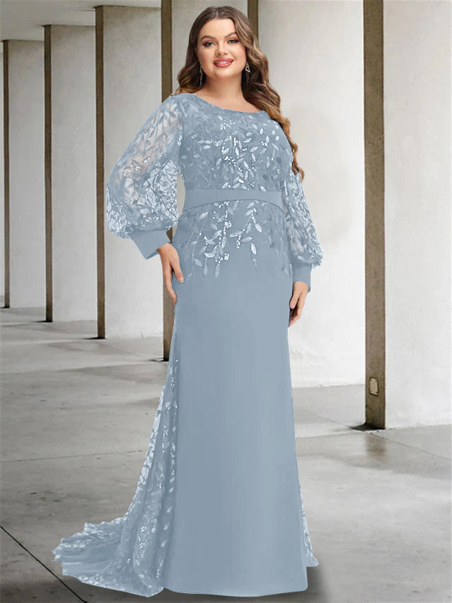 Plus Size Long Mermaid Trumpet Mother of the Bride Dress with Scoop Neck and Long Sequined Sleeves