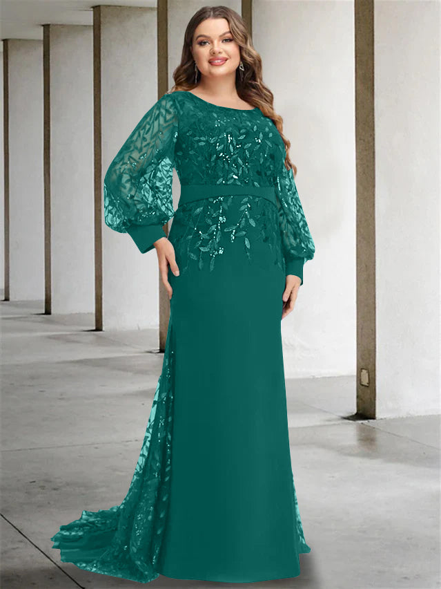 Plus Size Long Mermaid Trumpet Mother of the Bride Dress with Scoop Neck and Long Sequined Sleeves