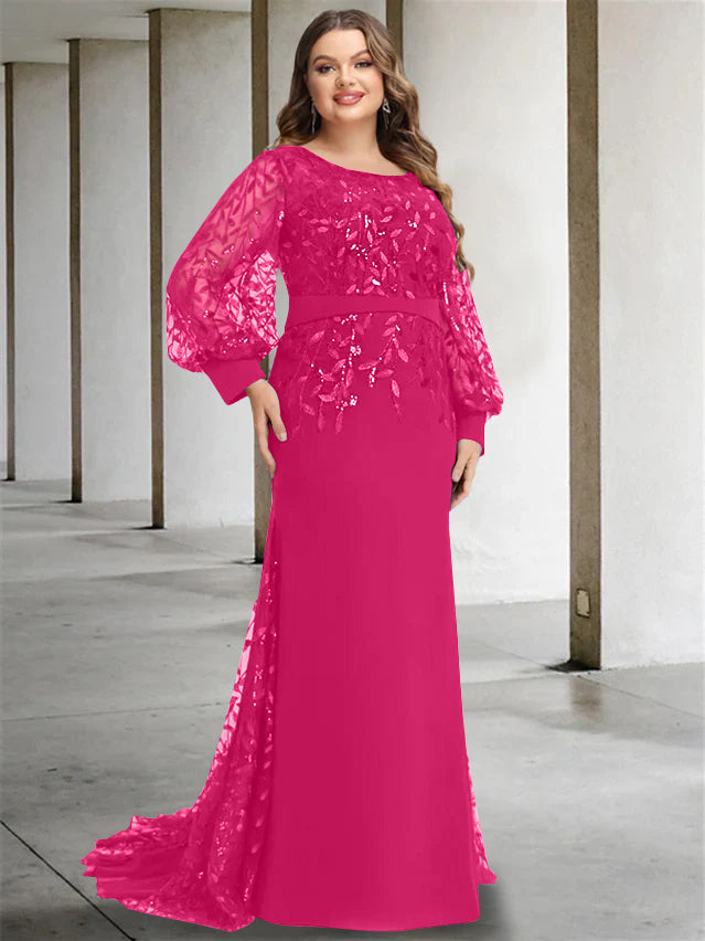 Plus Size Long Mermaid Trumpet Mother of the Bride Dress with Scoop Neck and Long Sequined Sleeves