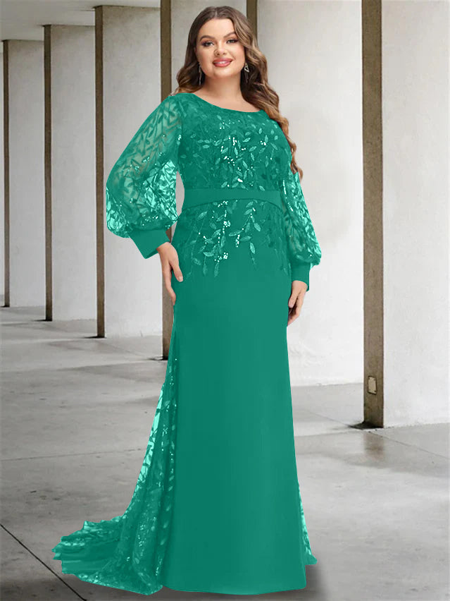 Plus Size Long Mermaid Trumpet Mother of the Bride Dress with Scoop Neck and Long Sequined Sleeves