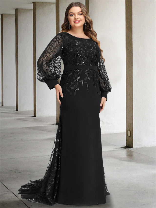 Plus Size Long Mermaid Trumpet Mother of the Bride Dress with Scoop Neck and Long Sequined Sleeves