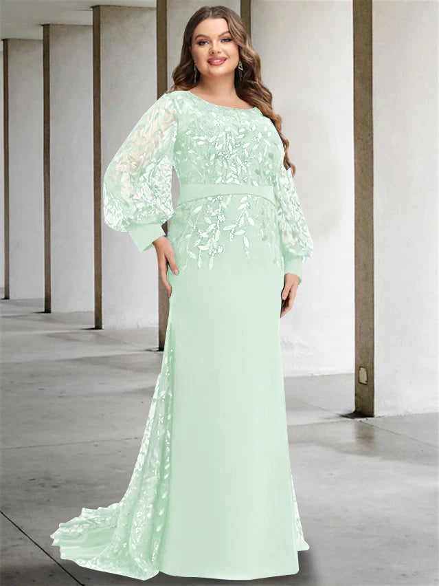 Plus Size Long Mermaid Trumpet Mother of the Bride Dress with Scoop Neck and Long Sequined Sleeves