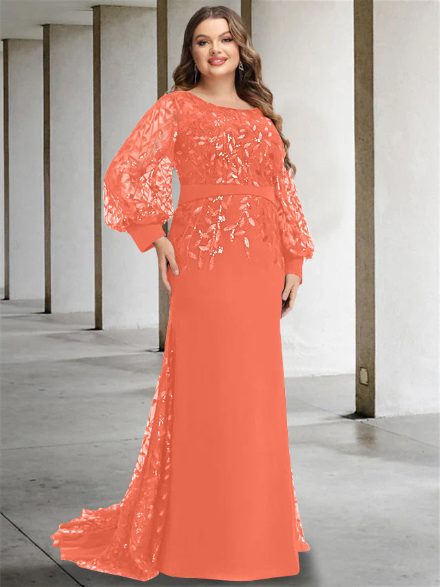 Plus Size Long Mermaid Trumpet Mother of the Bride Dress with Scoop Neck and Long Sequined Sleeves