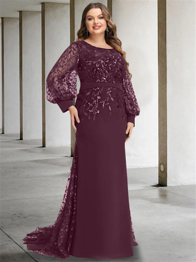 Plus Size Long Mermaid Trumpet Mother of the Bride Dress with Scoop Neck and Long Sequined Sleeves