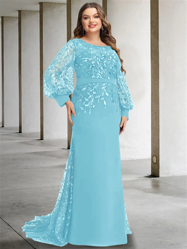 Plus Size Long Mermaid Trumpet Mother of the Bride Dress with Scoop Neck and Long Sequined Sleeves