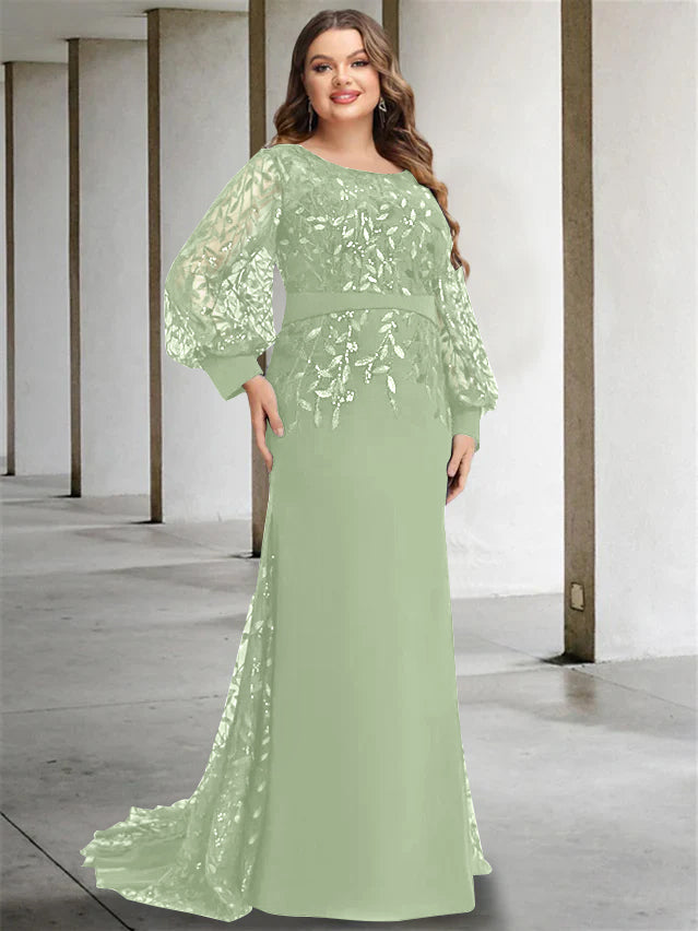 Plus Size Long Mermaid Trumpet Mother of the Bride Dress with Scoop Neck and Long Sequined Sleeves