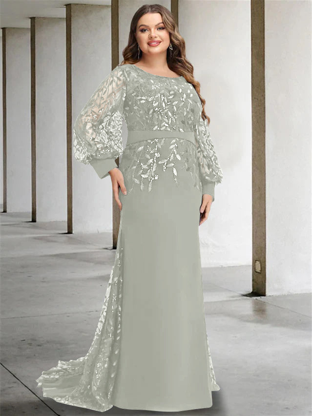 Plus Size Long Mermaid Trumpet Mother of the Bride Dress with Scoop Neck and Long Sequined Sleeves