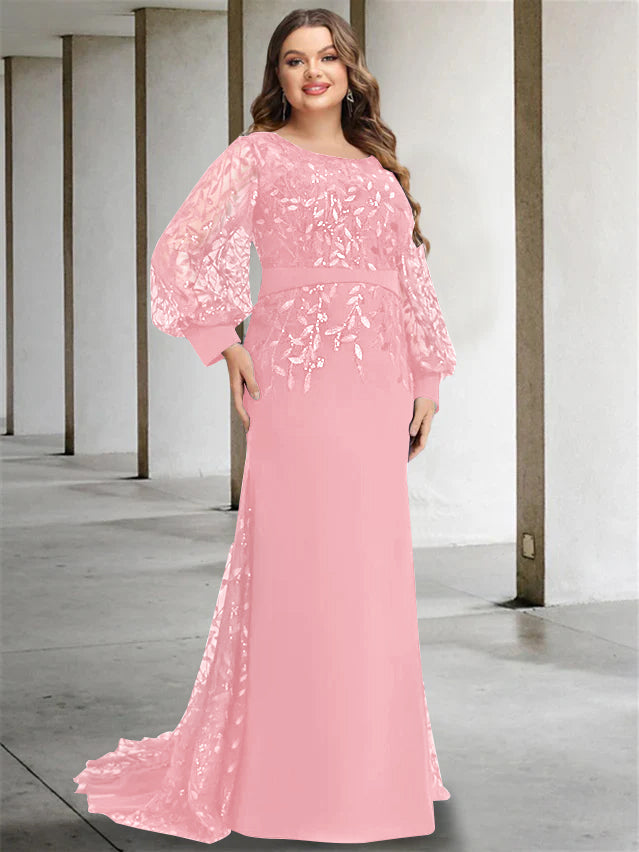 Plus Size Long Mermaid Trumpet Mother of the Bride Dress with Scoop Neck and Long Sequined Sleeves