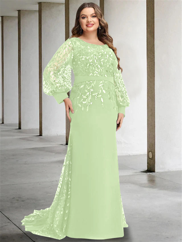 Plus Size Long Mermaid Trumpet Mother of the Bride Dress with Scoop Neck and Long Sequined Sleeves