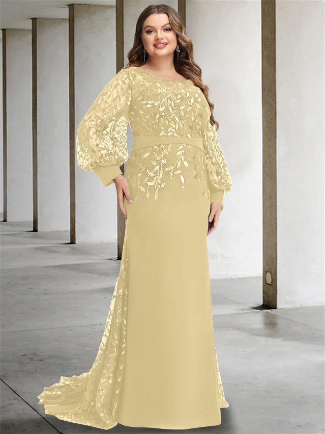 Plus Size Long Mermaid Trumpet Mother of the Bride Dress with Scoop Neck and Long Sequined Sleeves