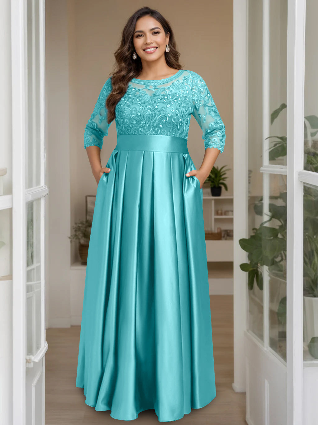 Plus Size Long Mother of the Bride A Line Dress with 3/4 Sleeves Scoop Neck Bow & Sequins