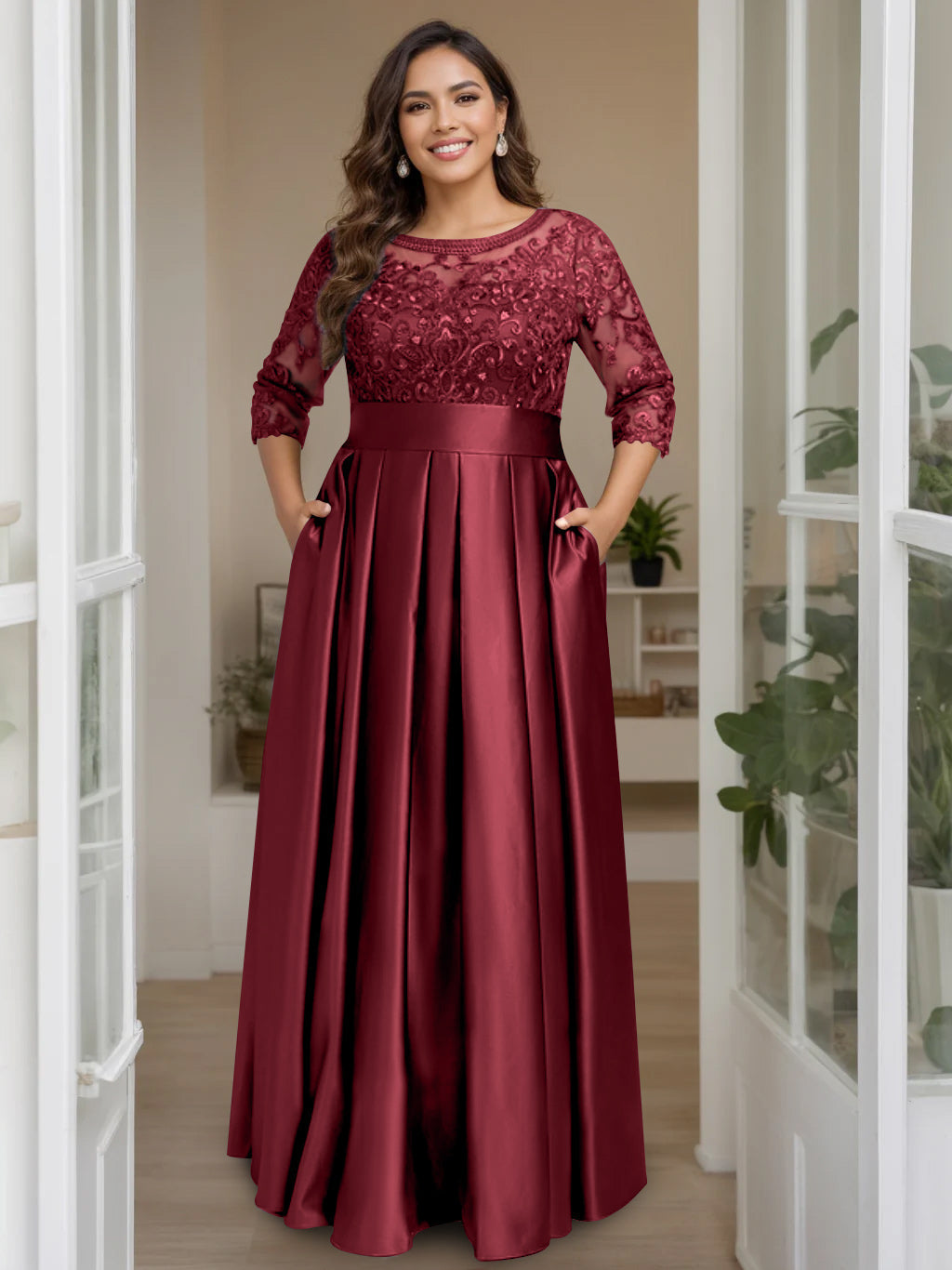 Plus Size Long Mother of the Bride A Line Dress with 3/4 Sleeves Scoop Neck Bow & Sequins