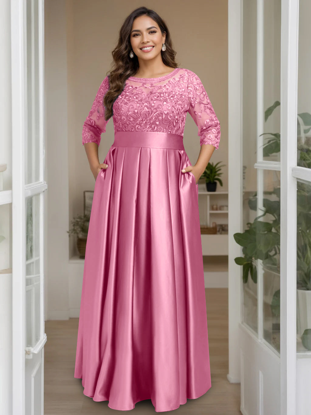 Plus Size Long Mother of the Bride A Line Dress with 3/4 Sleeves Scoop Neck Bow & Sequins