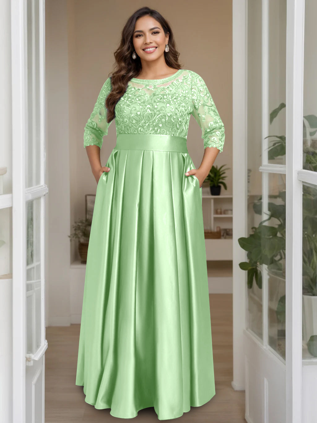 Plus Size Long Mother of the Bride A Line Dress with 3/4 Sleeves Scoop Neck Bow & Sequins