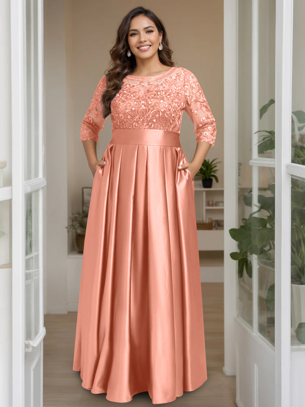Plus Size Long Mother of the Bride A Line Dress with 3/4 Sleeves Scoop Neck Bow & Sequins