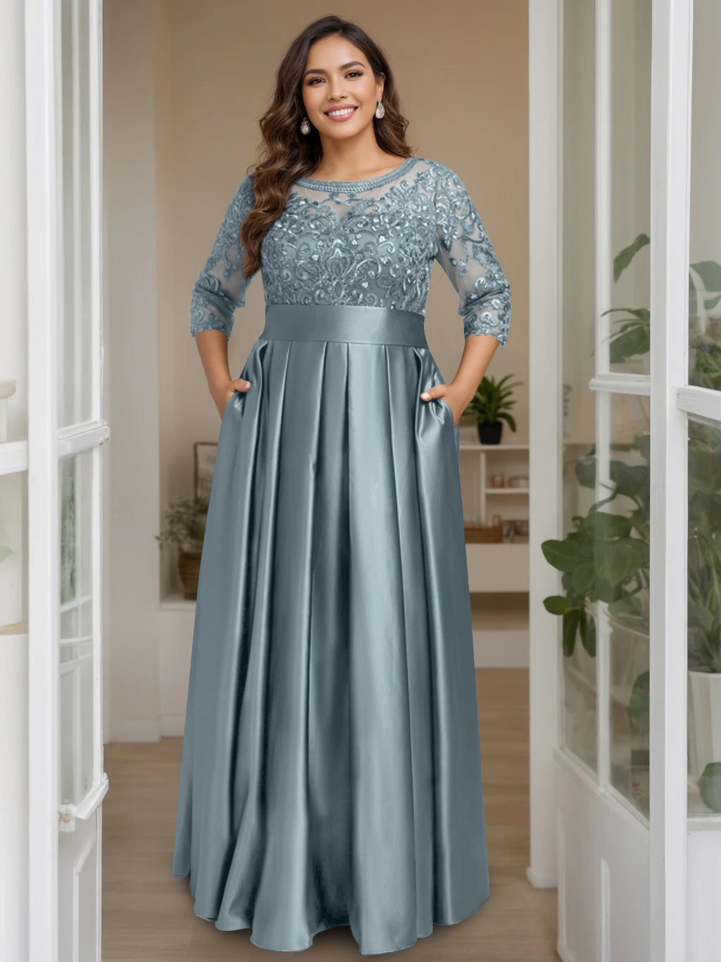 Plus Size Long Mother of the Bride A Line Dress with 3/4 Sleeves Scoop Neck Bow & Sequins