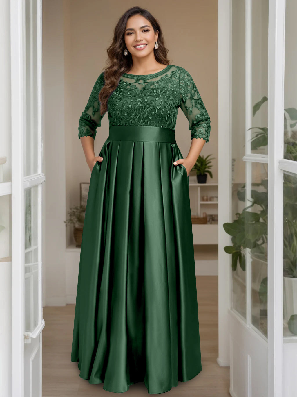 Plus Size Long Mother of the Bride A Line Dress with 3/4 Sleeves Scoop Neck Bow & Sequins