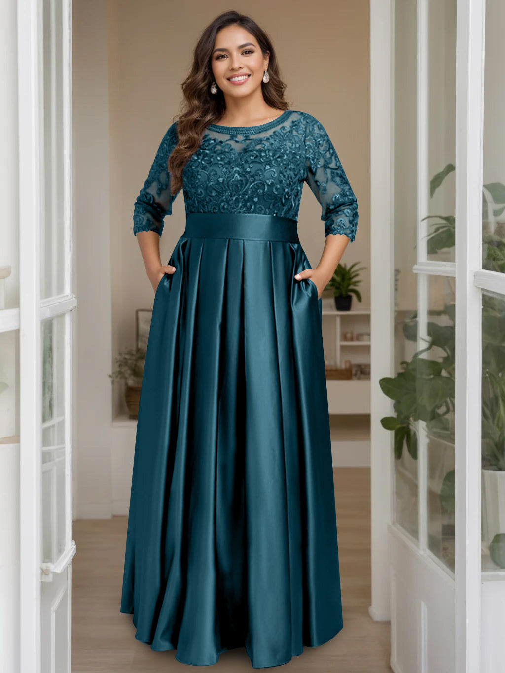 Plus Size Long Mother of the Bride A Line Dress with 3/4 Sleeves Scoop Neck Bow & Sequins