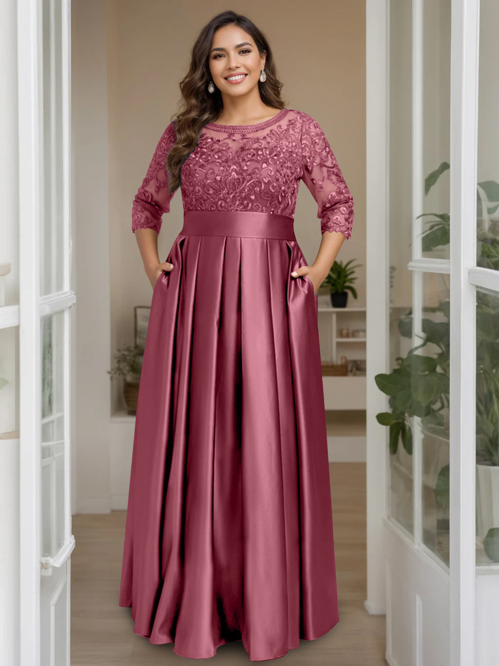 Plus Size Long Mother of the Bride A Line Dress with 3/4 Sleeves Scoop Neck Bow & Sequins