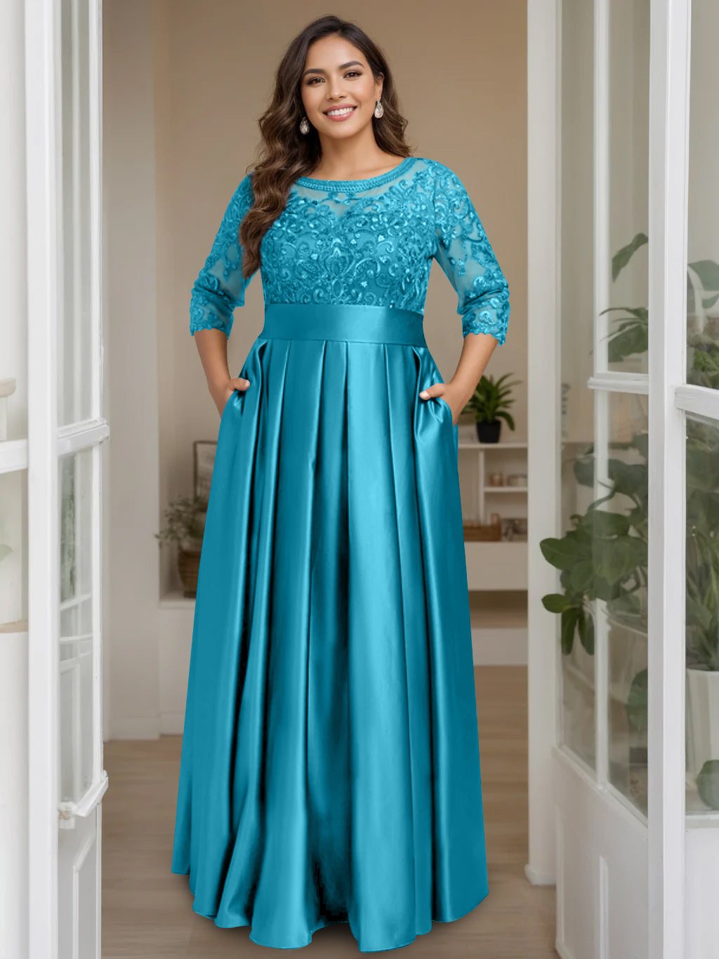Plus Size Long Mother of the Bride A Line Dress with 3/4 Sleeves Scoop Neck Bow & Sequins