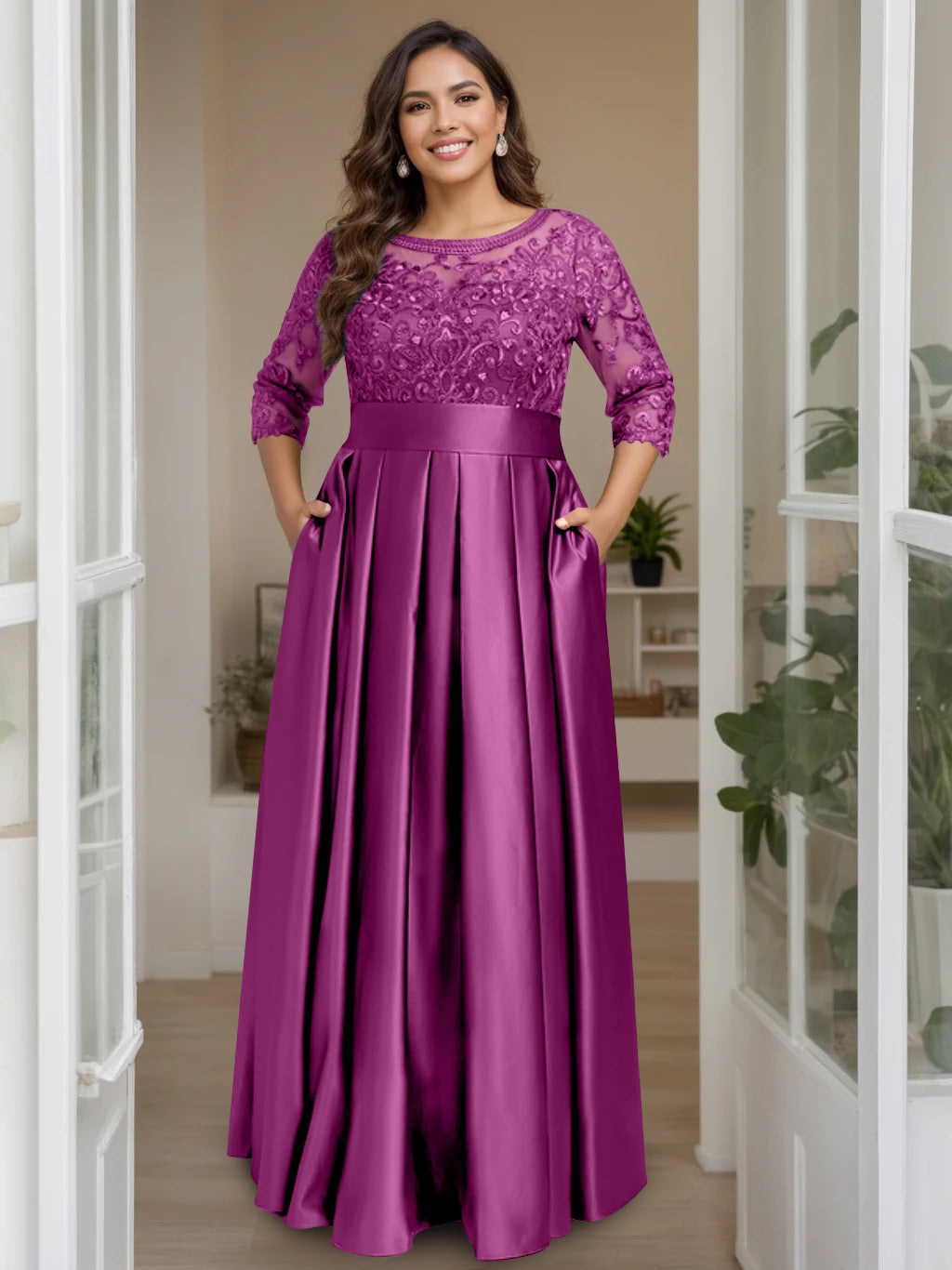 Plus Size Long Mother of the Bride A Line Dress with 3/4 Sleeves Scoop Neck Bow & Sequins