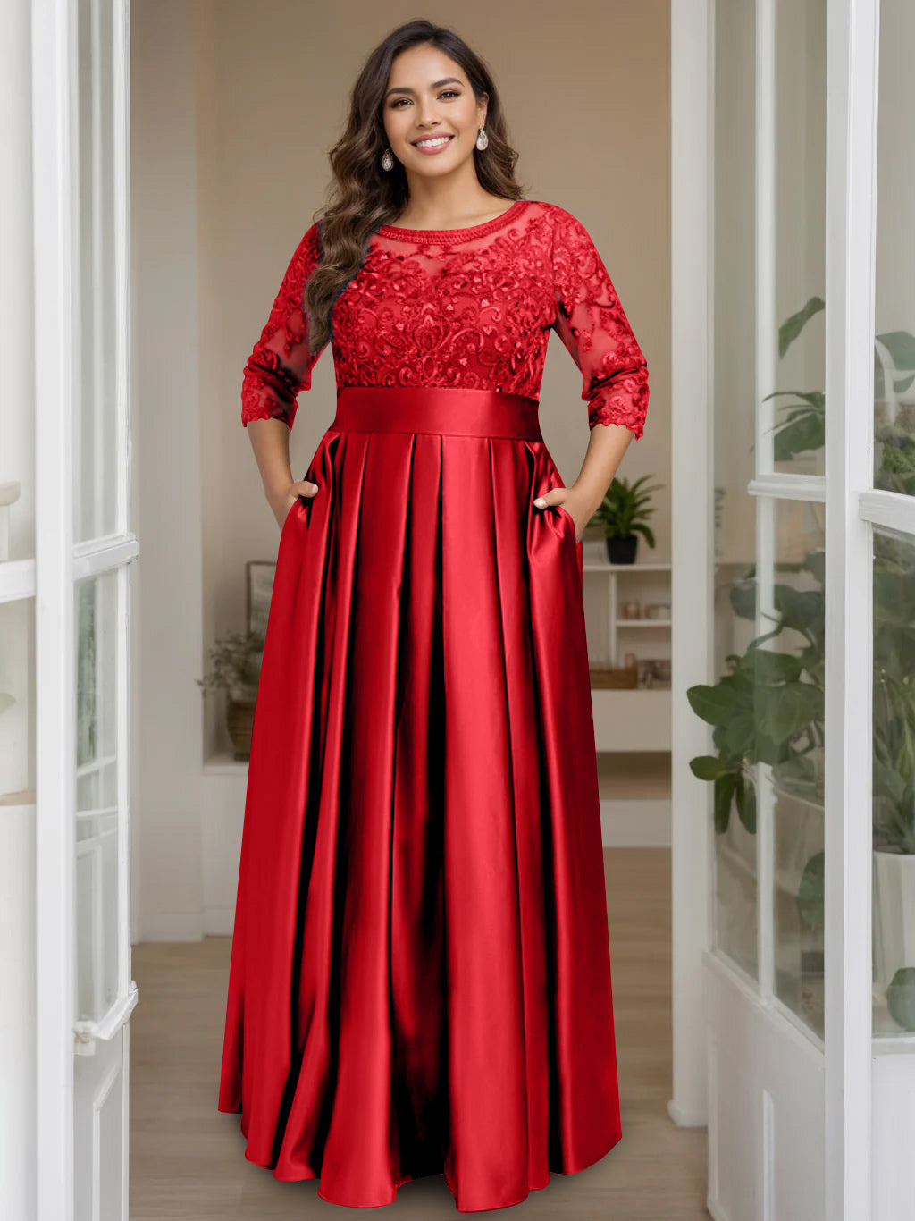 Plus Size Long Mother of the Bride A Line Dress with 3/4 Sleeves Scoop Neck Bow & Sequins