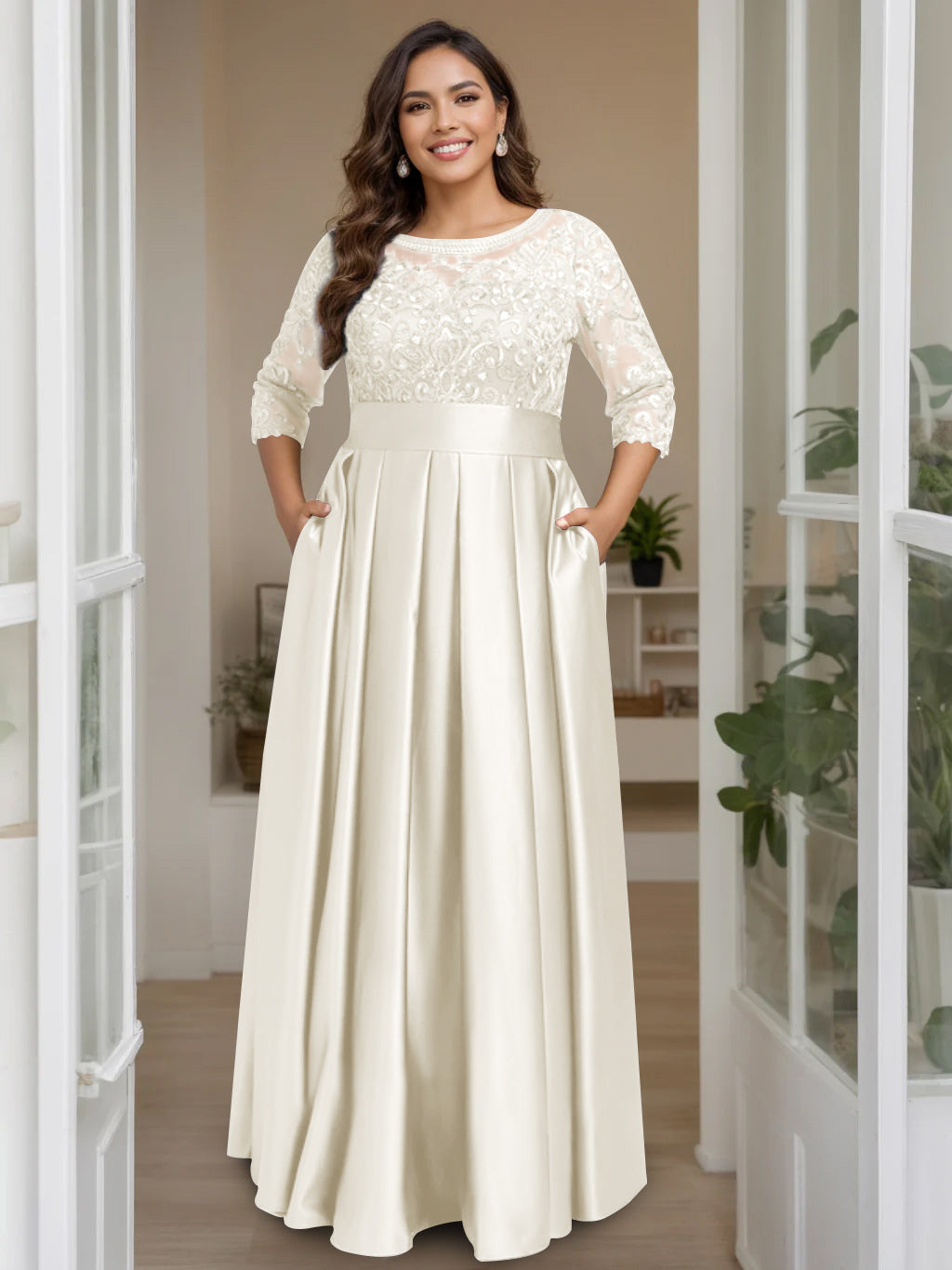 Plus Size Long Mother of the Bride A Line Dress with 3/4 Sleeves Scoop Neck Bow & Sequins