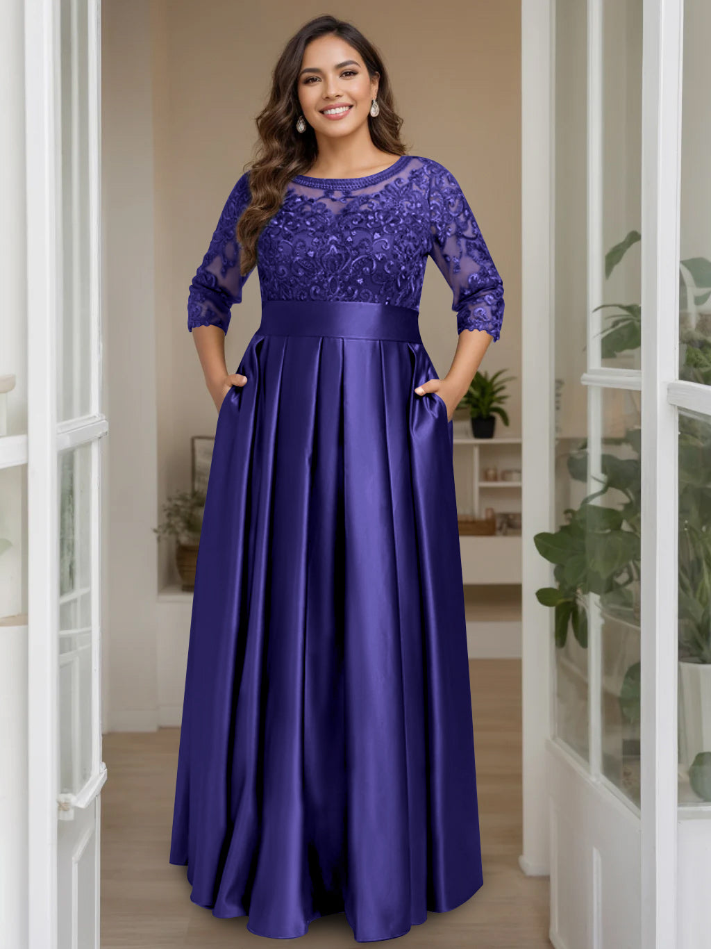 Plus Size Long Mother of the Bride A Line Dress with 3/4 Sleeves Scoop Neck Bow & Sequins