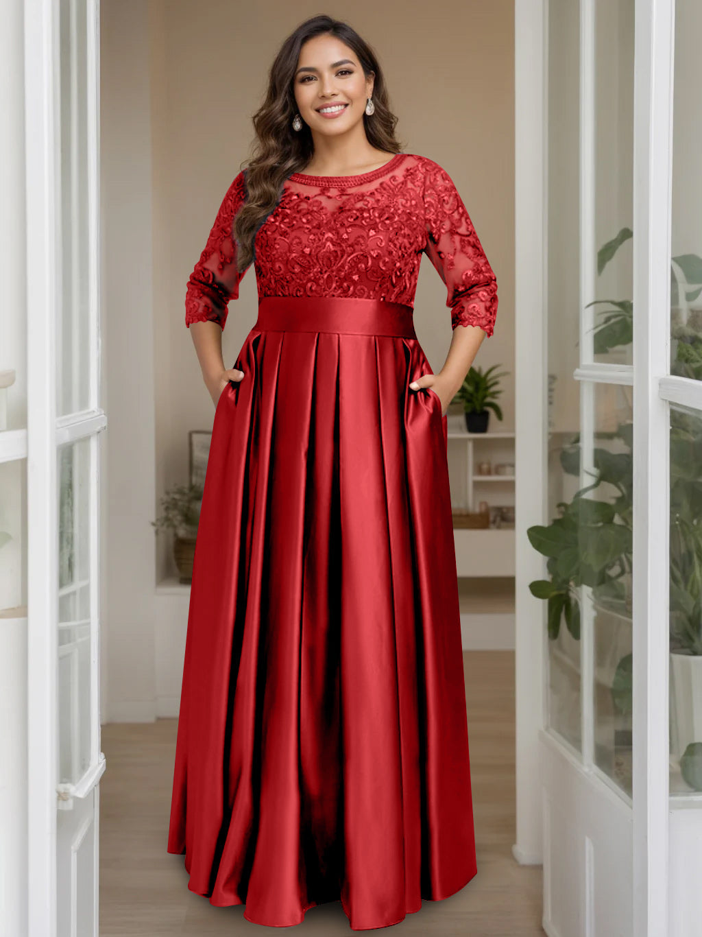 Plus Size Long Mother of the Bride A Line Dress with 3/4 Sleeves Scoop Neck Bow & Sequins