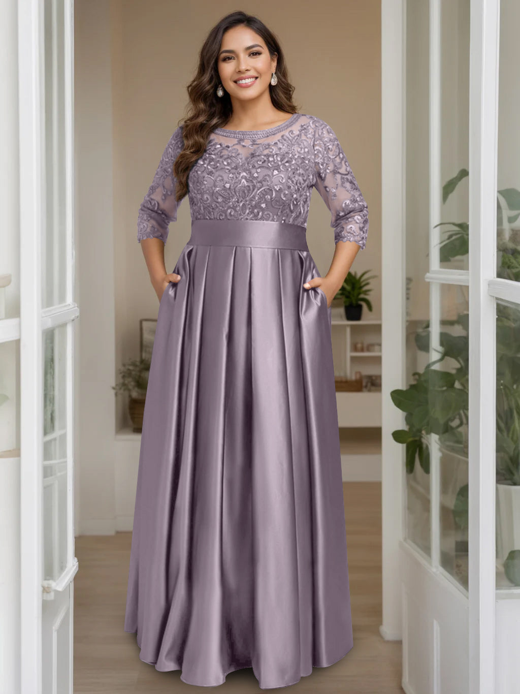 Plus Size Long Mother of the Bride A Line Dress with 3/4 Sleeves Scoop Neck Bow & Sequins