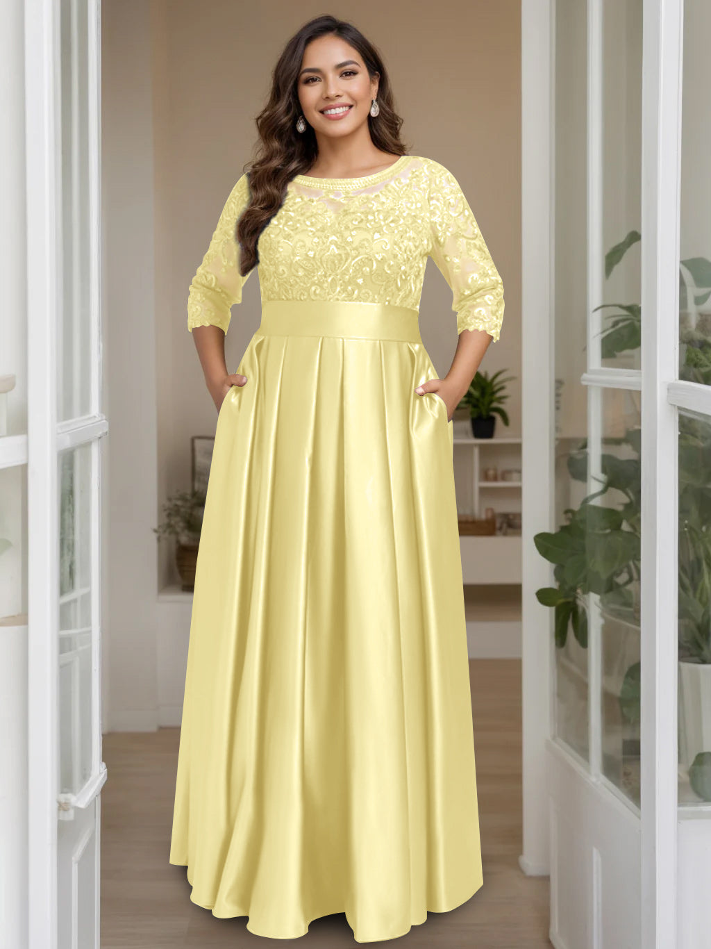 Plus Size Long Mother of the Bride A Line Dress with 3/4 Sleeves Scoop Neck Bow & Sequins