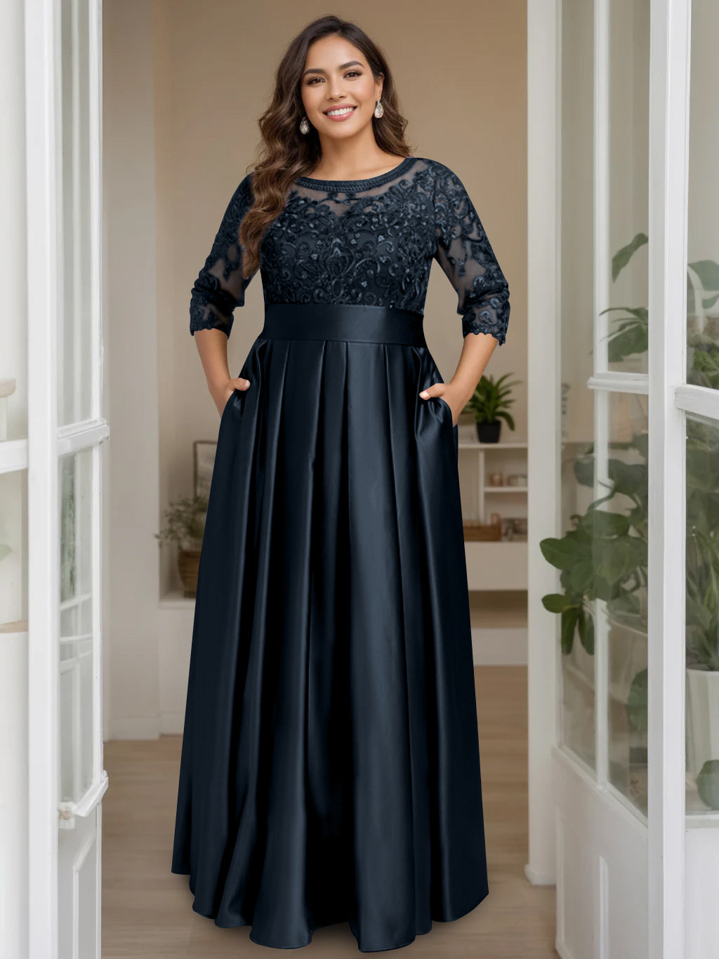 Plus Size Long Mother of the Bride A Line Dress with 3/4 Sleeves Scoop Neck Bow & Sequins