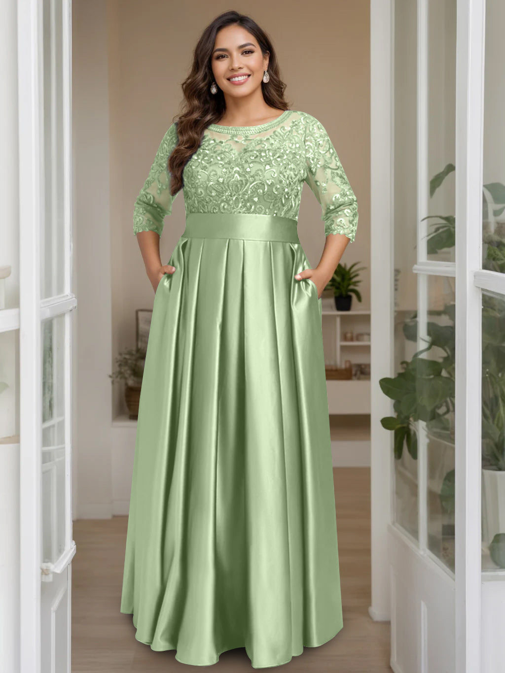 Plus Size Long Mother of the Bride A Line Dress with 3/4 Sleeves Scoop Neck Bow & Sequins