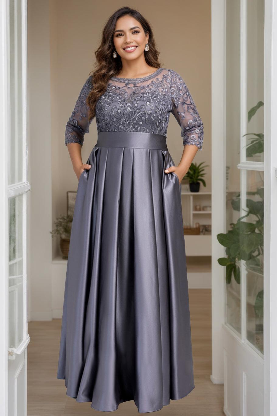 Plus Size Long Mother of the Bride A Line Dress with 3/4 Sleeves Scoop Neck Bow & Sequins