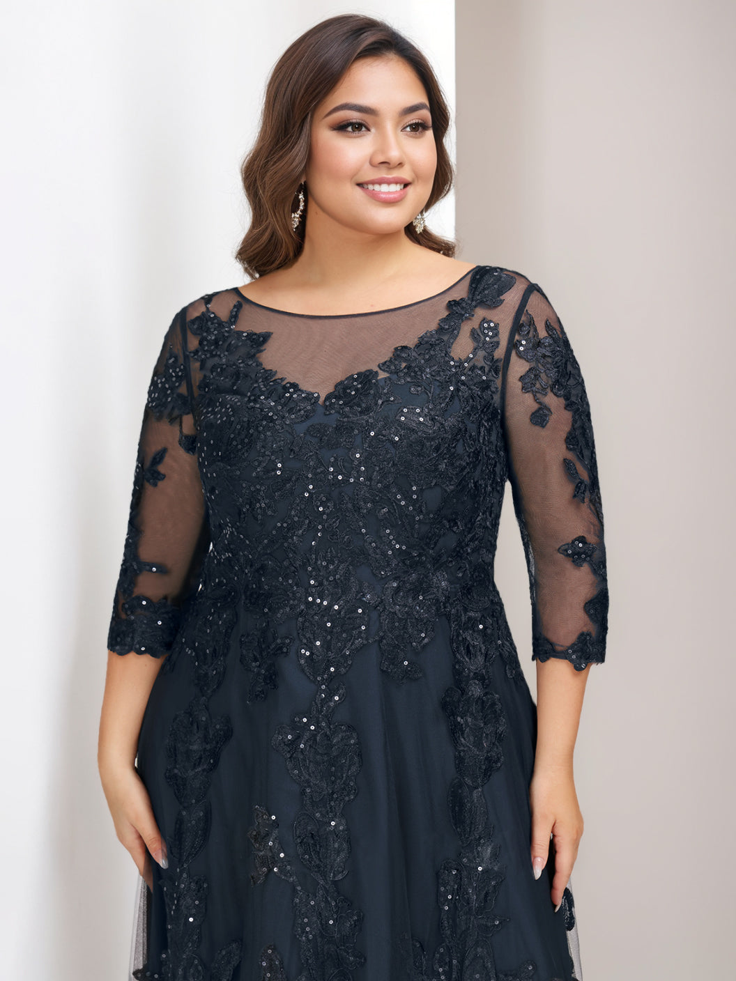 Plus Size Long Mother of the Bride A Line Dress with 3/4 Sleeves and Sequins