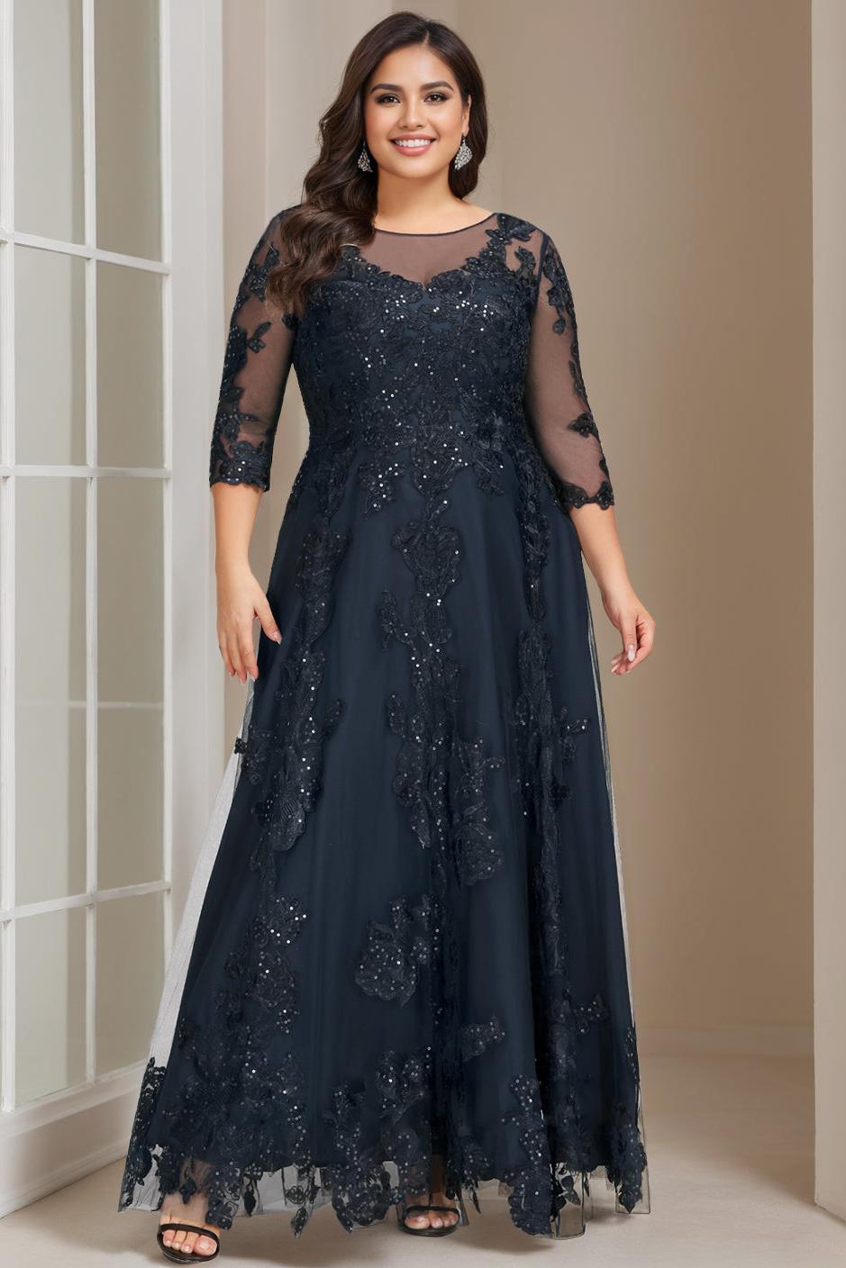 Plus Size Long Mother of the Bride A Line Dress with 3/4 Sleeves and Sequins