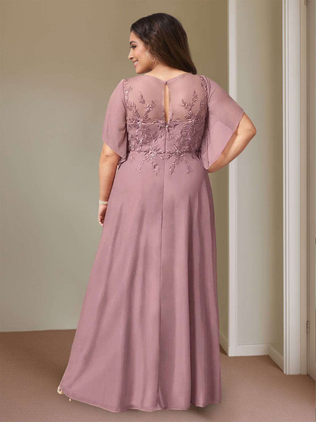 Plus Size Long Mother of the Bride A Line Dress with Lace Round Neck and Short Sleeves