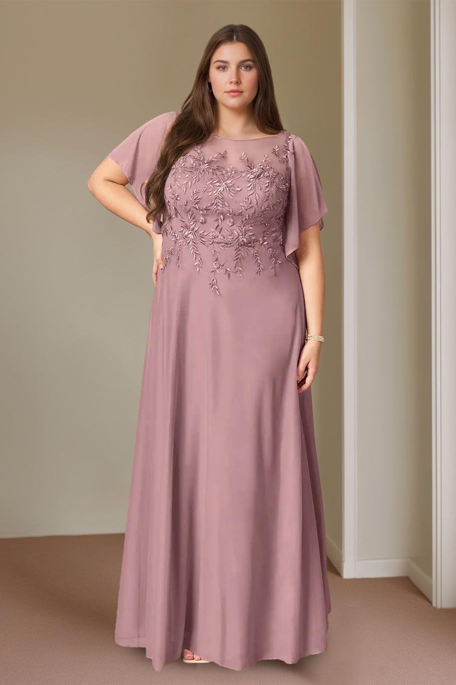 Plus Size Long Mother of the Bride A Line Dress with Lace Round Neck and Short Sleeves