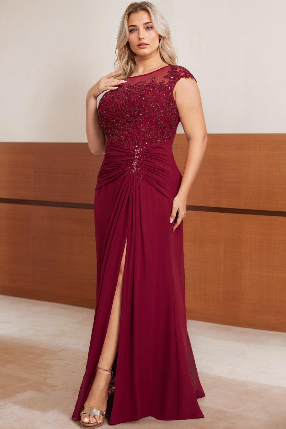 Plus Size Long Mother of the Bride A Line Dress with Scoop Neck Cap Sleeves Beading Pleats & Sequins