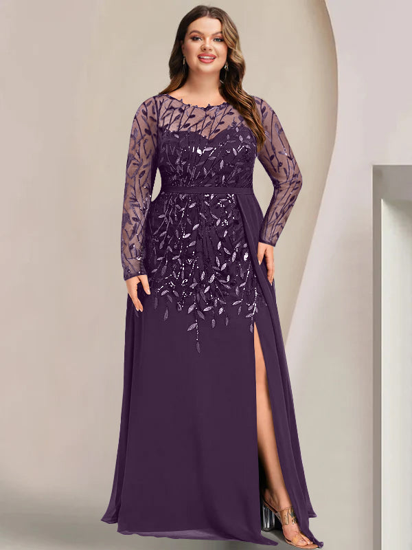 Plus Size Long Mother of the Bride A Line Dress with Scoop Neck Long Sleeves Side Split Ruffles & Sequins