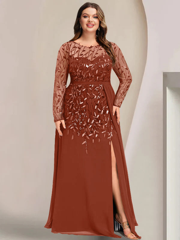 Plus Size Long Mother of the Bride A Line Dress with Scoop Neck Long Sleeves Side Split Ruffles & Sequins