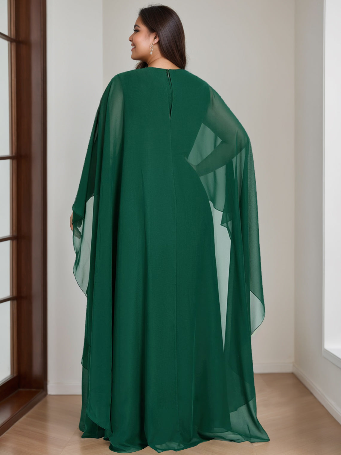 Plus Size Long Mother of the Bride A Line Dress with Scoop Neck and Half Sleeves