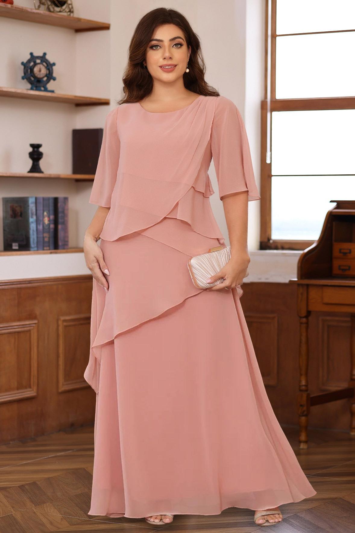 Plus Size Long Mother of the Bride A Line Dress with Scoop Neck and Ruffled Half Sleeves