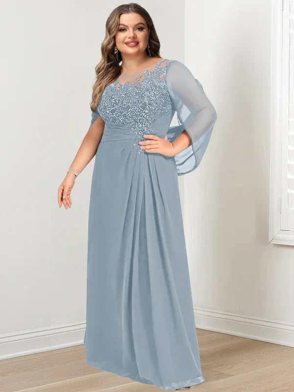 Plus Size Long Mother of the Bride A Line Dress with Scoop Neckline Pleats and Sequins