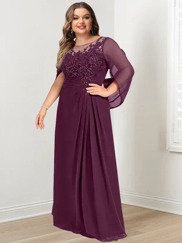 Plus Size Long Mother of the Bride A Line Dress with Scoop Neckline Pleats and Sequins