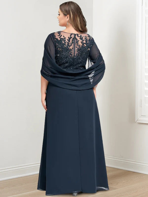 Plus Size Long Mother of the Bride A Line Dress with Scoop Neckline Pleats and Sequins