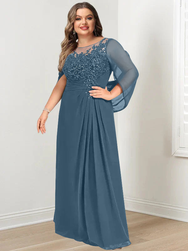 Plus Size Long Mother of the Bride A Line Dress with Scoop Neckline Pleats and Sequins