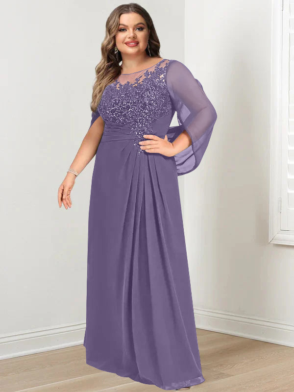 Plus Size Long Mother of the Bride A Line Dress with Scoop Neckline Pleats and Sequins
