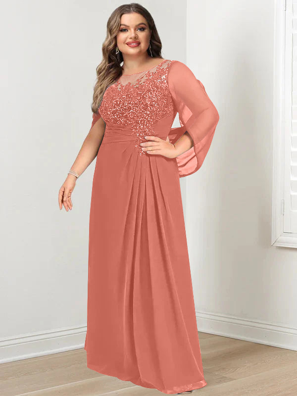 Plus Size Long Mother of the Bride A Line Dress with Scoop Neckline Pleats and Sequins